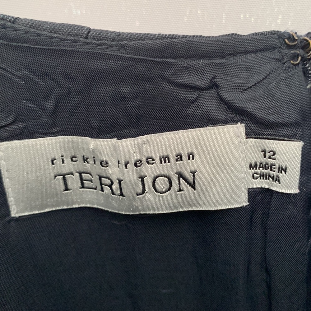 Teri Jon Rickie Freeman Navy Sleeveless Scoop Neck Silk Wool Evening Gown 12 - Picture 5 of 11